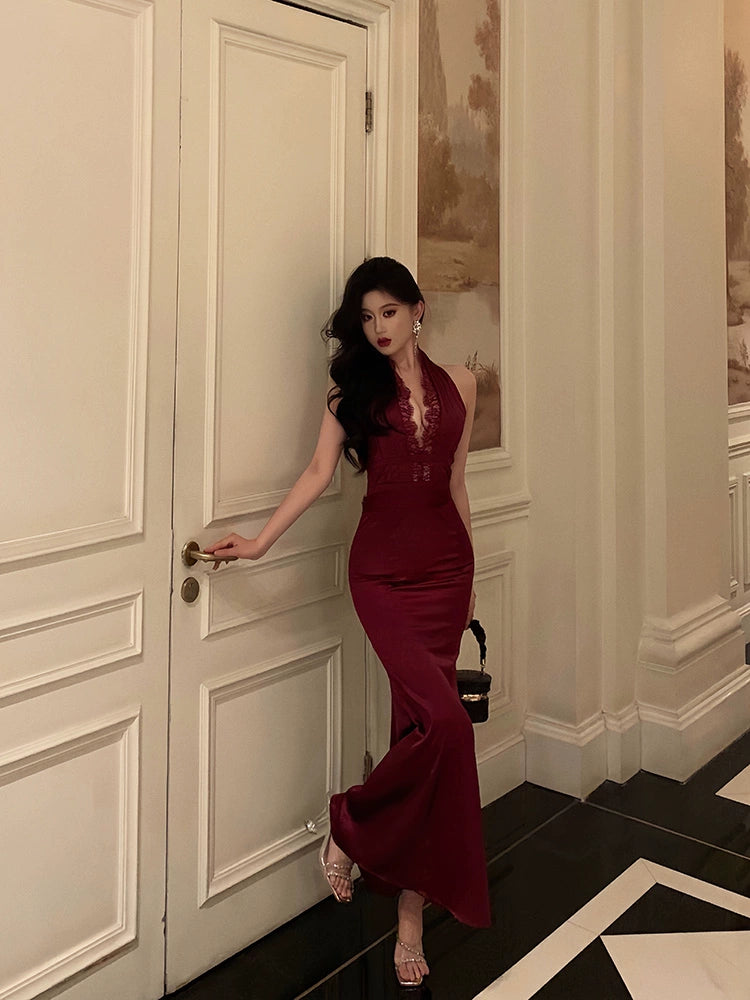 Distinctive Personality Distinctive Personality Sexy halter neck dress for women summer new style banquet satin dress       S5679