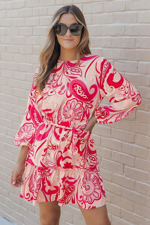 Simple And Comfortable Style Simple And Comfortable Style Printed Round Neck Frill Trim Dress Simple And Comfortable Style Simple And Comfortable Style Printed Round Neck Frill Trim Dress