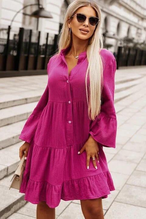 Casual Version Casual Version Buttoned Flare Sleeve Tiered Dress