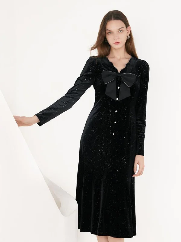 Casual Fit Style Casual Fit Style V-Neck Detachable Bowknot Velvet Midi Dress