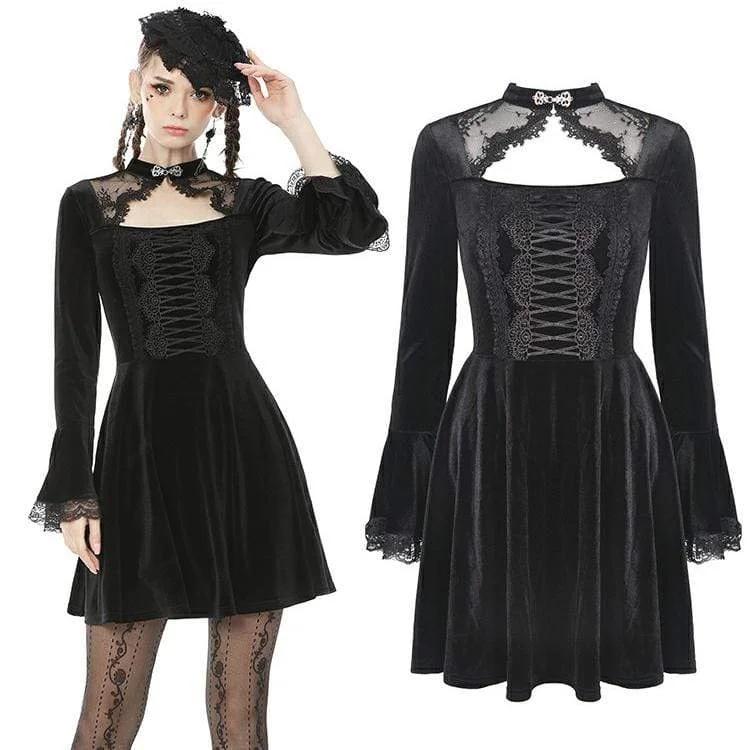 Romantic Off-Shoulder Style Romantic Off-Shoulder Style Women's Vintage Gothic Cutout Lacing Velet Dresses with Lace Sleeves Romantic Off-Shoulder Style Romantic Off-Shoulder Style Women's Vintage Gothic Cutout Lacing Velet Dresses with Lace Sleeves