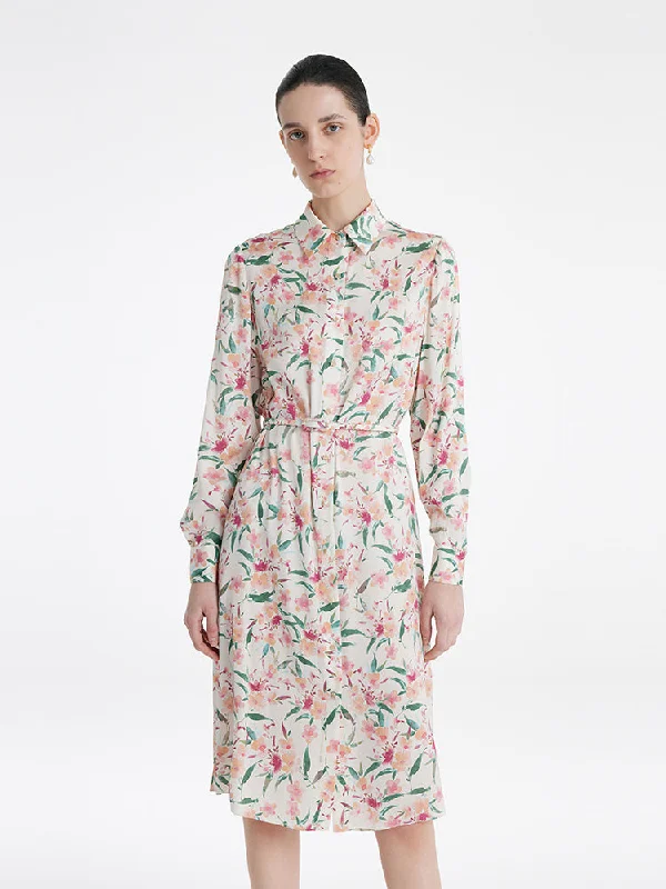 Casual Print Design Casual Print Design 19 Momme Mulberry Silk Floral Print Women Midi Shirt Dress With Belt Casual Print Design Casual Print Design 19 Momme Mulberry Silk Floral Print Women Midi Shirt Dress With Belt