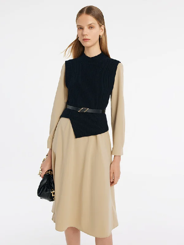 Elegant Feminine Style Elegant Feminine Style Asymmetrical Knitted Vest And Midi Dress Two-Piece Set With Belt Elegant Feminine Style Elegant Feminine Style Asymmetrical Knitted Vest And Midi Dress Two-Piece Set With Belt