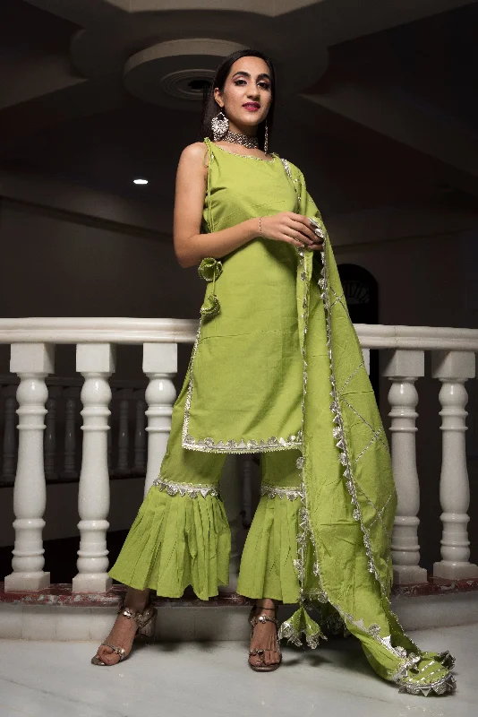 Trendy Clothing Trendy Clothing Women's Gotta Jaal Green Cotton Sharara Set - Pomcha Jaipur Trendy Clothing Trendy Clothing Women's Gotta Jaal Green Cotton Sharara Set - Pomcha Jaipur
