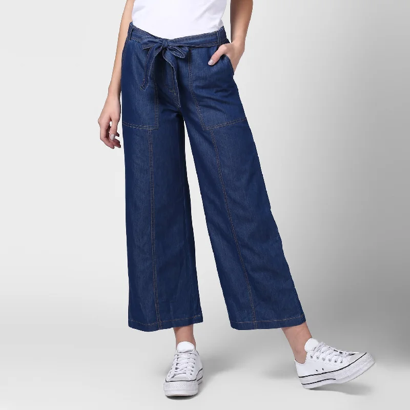 Simple And Color Simple And Color Women's Blue Denim Trousers with belt - StyleStone Simple And Color Simple And Color Women's Blue Denim Trousers with belt - StyleStone