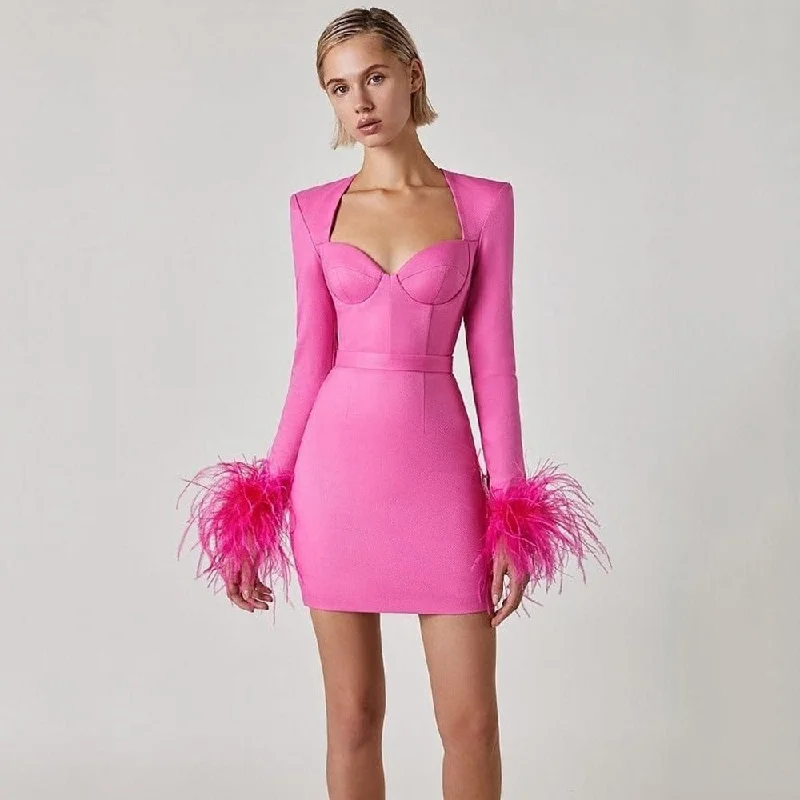 Elegant Long Skirt Elegant Long Skirt Feather Cuff Long Sleeve Mini Bandage Dress