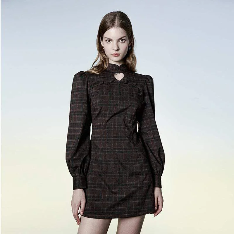 Elegant Lace Style Elegant Lace Style Women's Grunge Stand Collar Plaid Short Dress