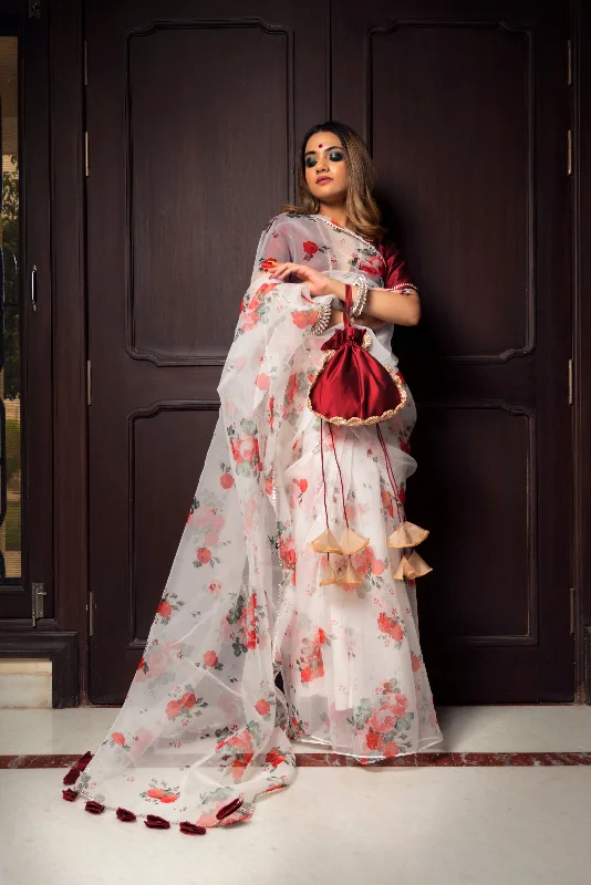 Romantic Retro Style Romantic Retro Style Women's red and white organza saree - Pomcha Jaipur Romantic Retro Style Romantic Retro Style Women's red and white organza saree - Pomcha Jaipur