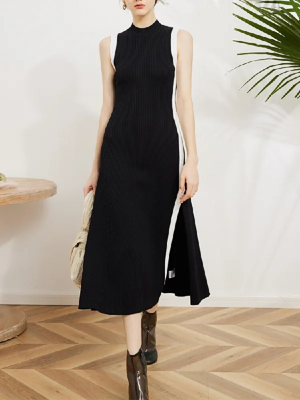 Elegant Temperament Elegant Temperament Contrast Stripe Side Split Knitted Dress