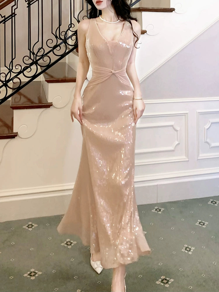 Simple Design Sense Simple Design Sense sequined dress V-neck long party dress S6031 Simple Design Sense Simple Design Sense sequined dress V-neck long party dress S6031