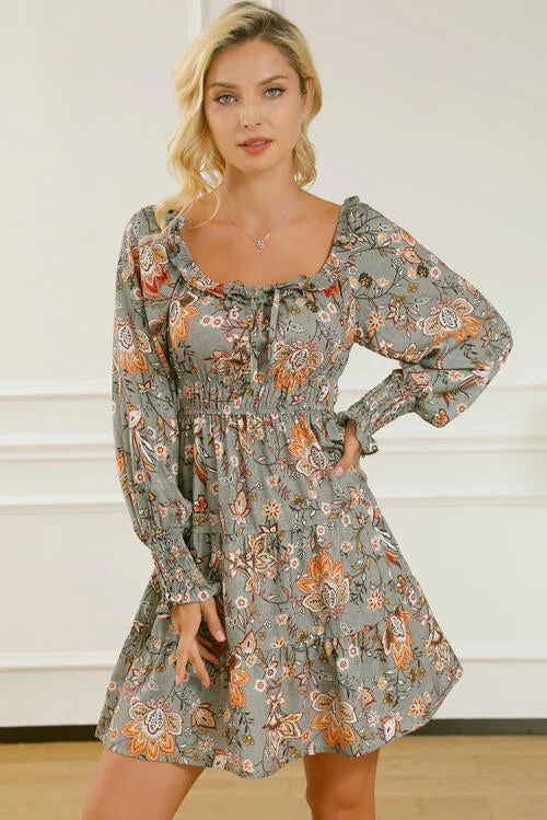 Casual Shopping Casual Shopping Printed Smocked Lantern Sleeve Tiered Dress