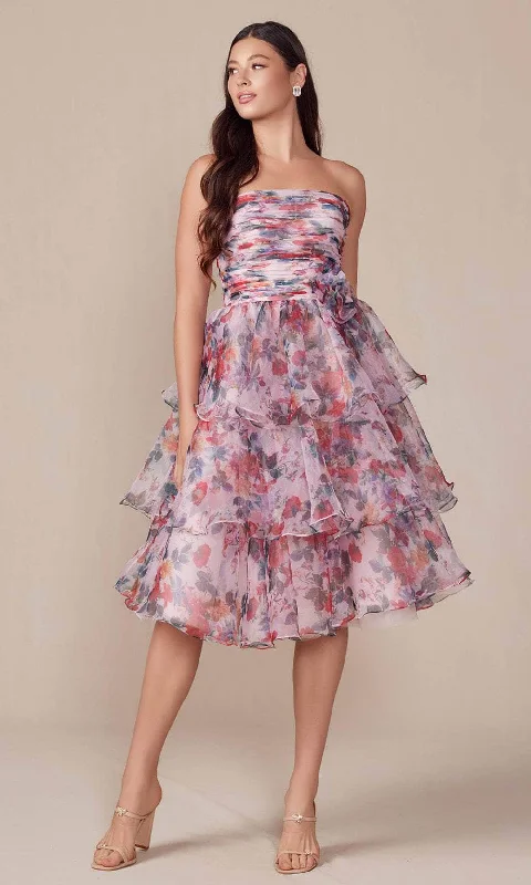Personalized Layout Personalized Layout Nox Anabel Q842 - Strapless Floral Printed Knee-Length Dress Personalized Layout Personalized Layout Nox Anabel Q842 - Strapless Floral Printed Knee-Length Dress