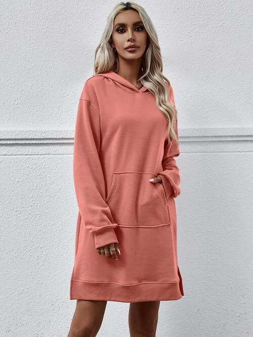 Simple Fresh Feeling Simple Fresh Feeling Slit Long Sleeve Hooded Dress with Pocket