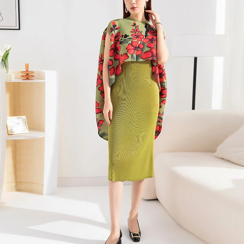 Simple Versatile Style Simple Versatile Style Miyake Pleated O-Neck Sleeveless Midi Dress and Printed Hi-Low Jacket Set Simple Versatile Style Simple Versatile Style Miyake Pleated O-Neck Sleeveless Midi Dress and Printed Hi-Low Jacket Set