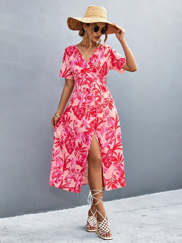 Personalized Heterogeneous Splicing Personalized Heterogeneous Splicing Floral Print High Slit Surplice Neck Tie Waist Midi Dress Personalized Heterogeneous Splicing Personalized Heterogeneous Splicing Floral Print High Slit Surplice Neck Tie Waist Midi Dress