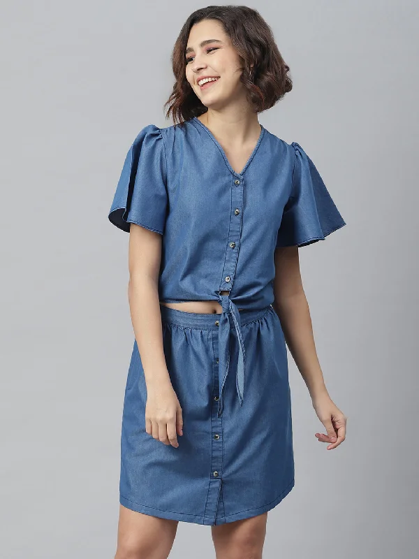 Simple Cotton Style Simple Cotton Style Women's Blue Denim Tie Knot Top and attached Skirt Dress - StyleStone