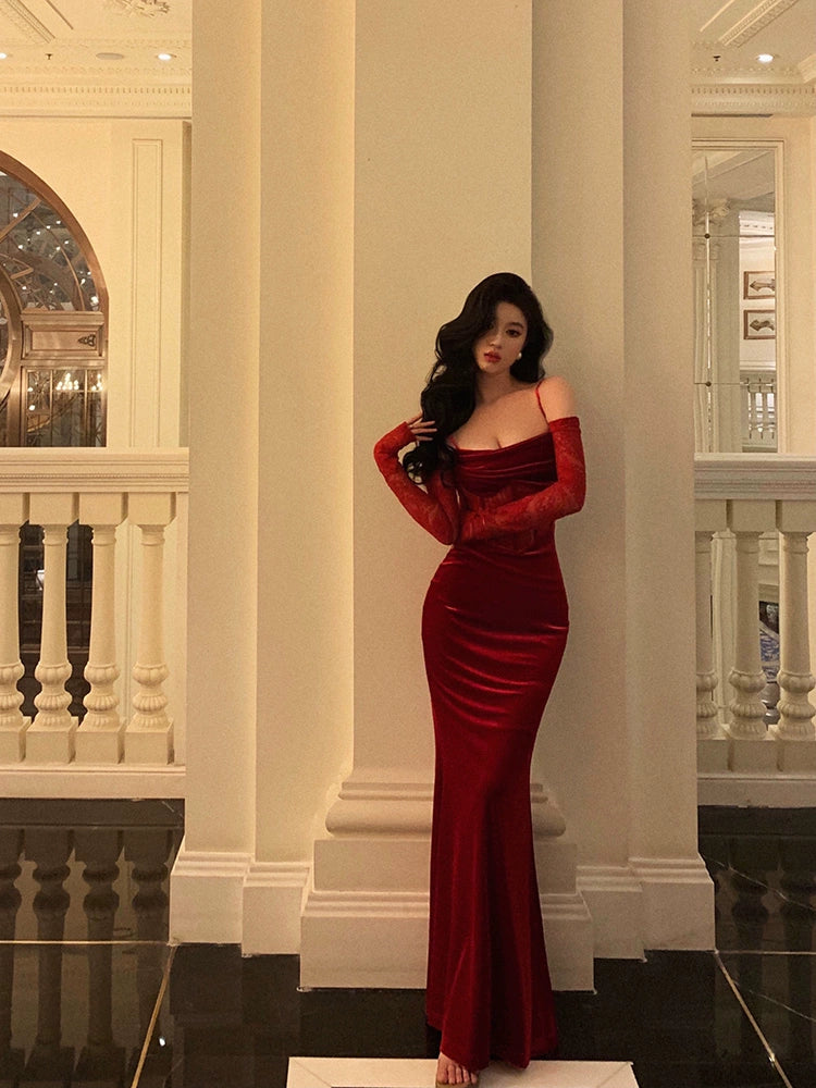 Elegant And Unique Design Elegant And Unique Design Sexy velvet suspender dress for women new banquet long dress S5568 Elegant And Unique Design Elegant And Unique Design Sexy velvet suspender dress for women new banquet long dress S5568