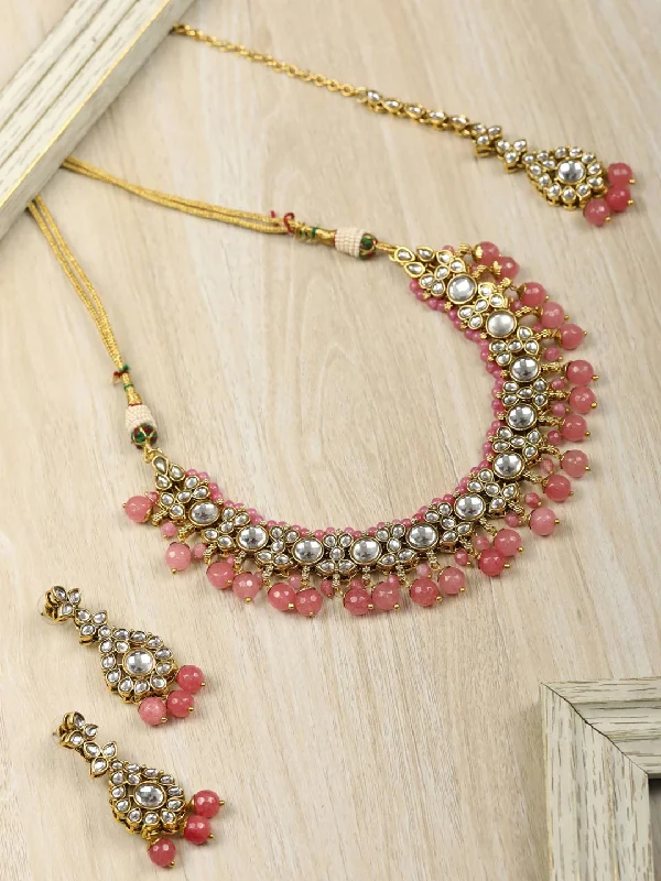 Casual Comfort Casual Comfort Women's Pink Beads Pearls Kundan Gold Plated Jewellery Set with Maang Tikka - Priyaasi Casual Comfort Casual Comfort Women's Pink Beads Pearls Kundan Gold Plated Jewellery Set with Maang Tikka - Priyaasi