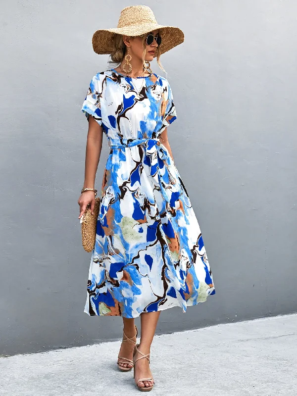 Simple Fashion Simple Fashion Round Neck Short Sleeve Tie Waist Midi Dress