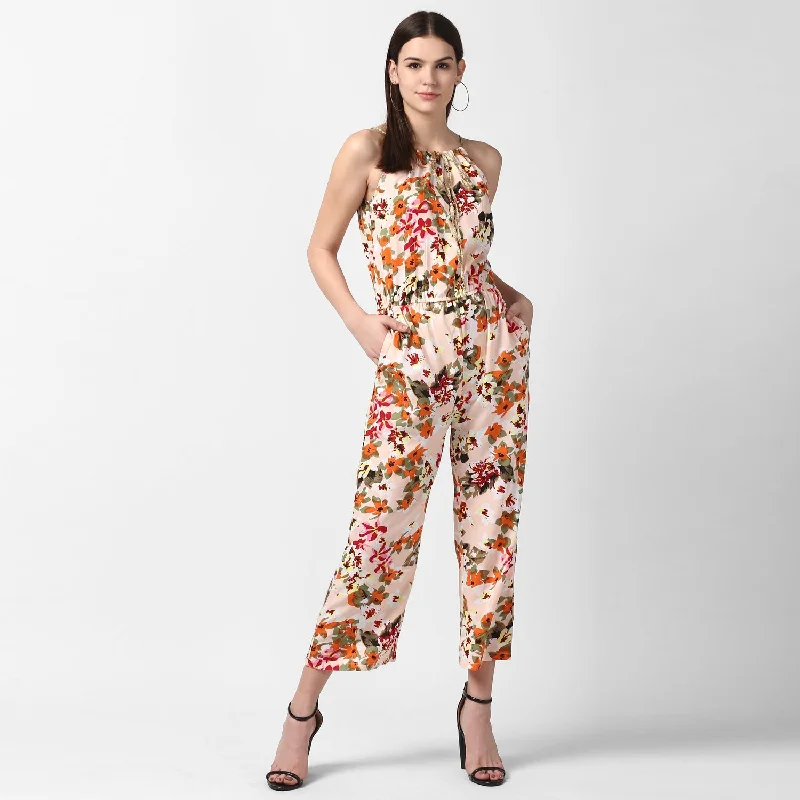 Romantic Skirt Style Romantic Skirt Style Women's Floral Printed Jumpsuit with Gold Lace Neckstrap - StyleStone Romantic Skirt Style Romantic Skirt Style Women's Floral Printed Jumpsuit with Gold Lace Neckstrap - StyleStone