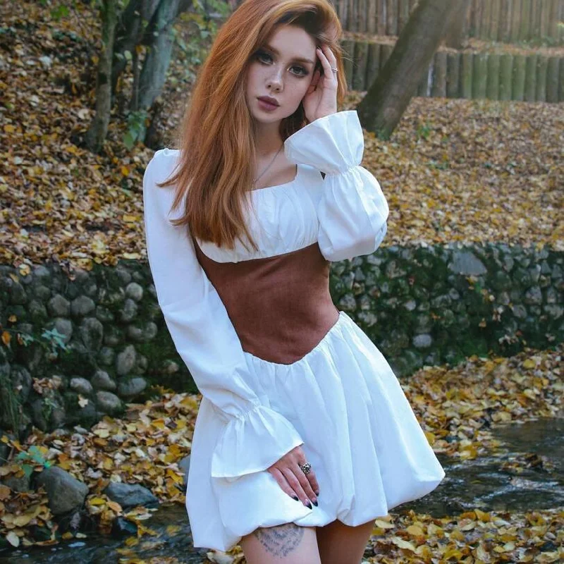 Casual Fashion Casual Fashion Women's Punk Puff Sleeved Slim Fitted Bubble Dress