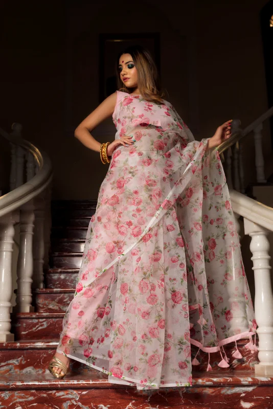 Romantic Fresh Style Romantic Fresh Style Women's pink white organza saree - Pomcha Jaipur Romantic Fresh Style Romantic Fresh Style Women's pink white organza saree - Pomcha Jaipur