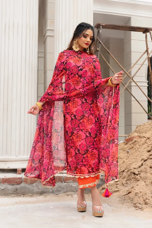 Casual Fit Style Casual Fit Style Women's orange phool jaal chiffon suit set - Pomcha Jaipur