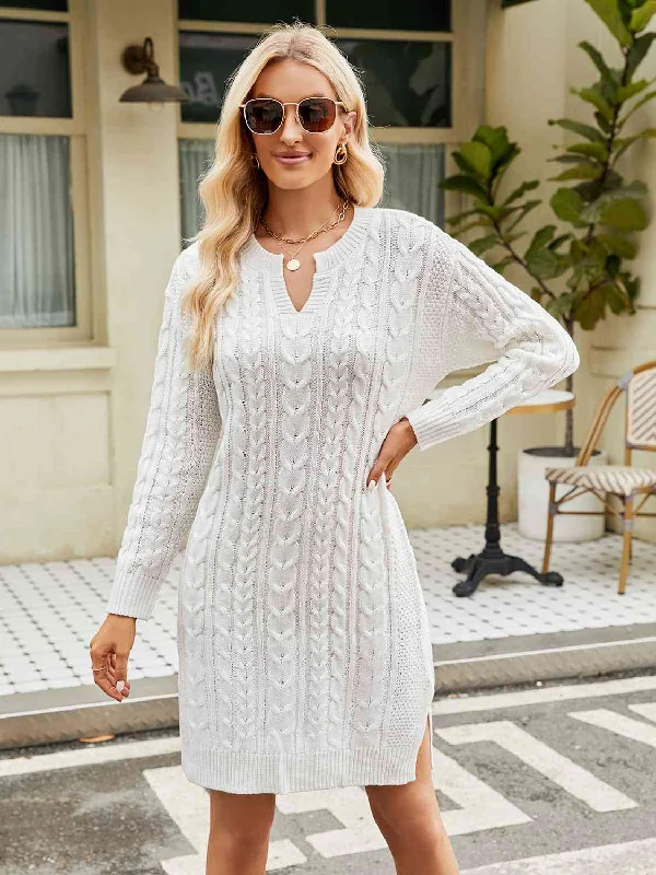 Simple And Comfortable Style Simple And Comfortable Style Notched Neck Cable-Knit Slit Sweater Dress Simple And Comfortable Style Simple And Comfortable Style Notched Neck Cable-Knit Slit Sweater Dress