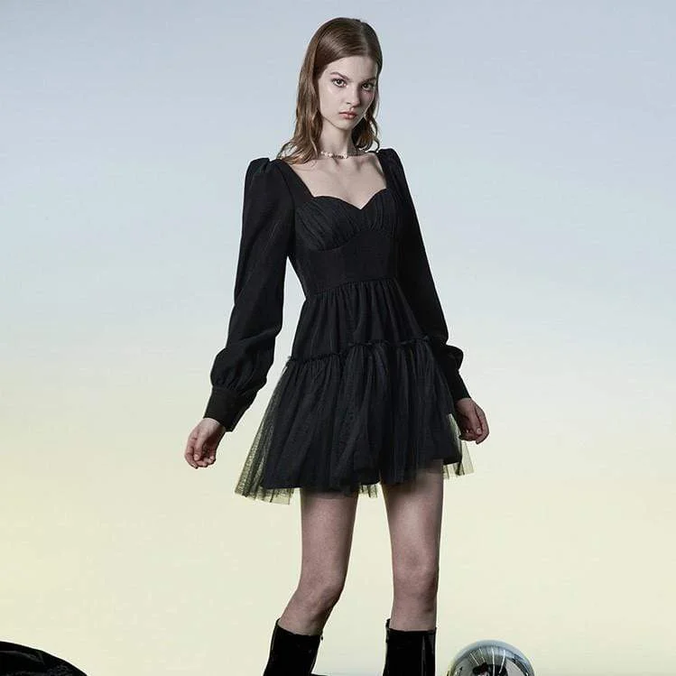 Elegant Feminine Style Elegant Feminine Style Women's Punk Puff Sleeved Layered Black Dress