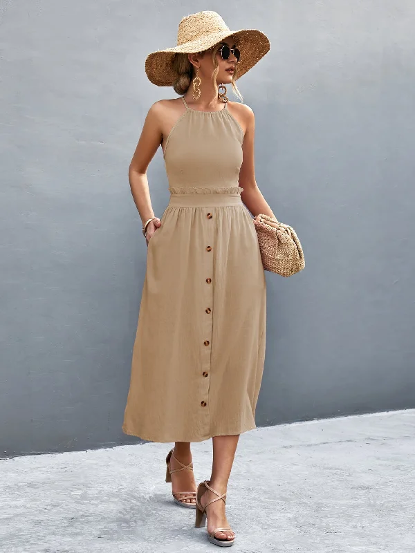 Effortless Vintage Look Effortless Vintage Look Buttoned Halter Neck Frill Trim Midi Dress Effortless Vintage Look Effortless Vintage Look Buttoned Halter Neck Frill Trim Midi Dress