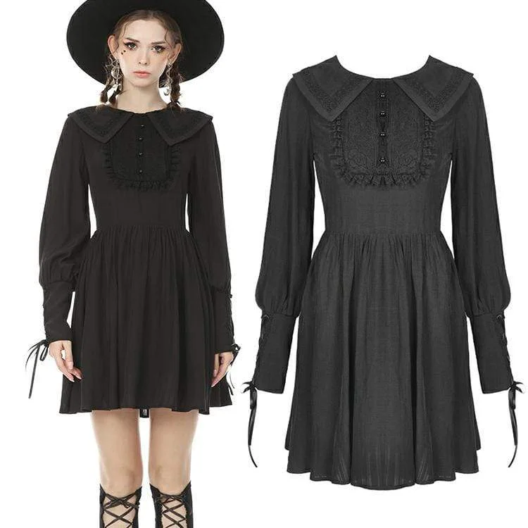 Elegant And Luxurious Feeling Elegant And Luxurious Feeling Women's Goth Turn-down Collar Long Sleeved Ruffles Black Little Dresses Elegant And Luxurious Feeling Elegant And Luxurious Feeling Women's Goth Turn-down Collar Long Sleeved Ruffles Black Little Dresses