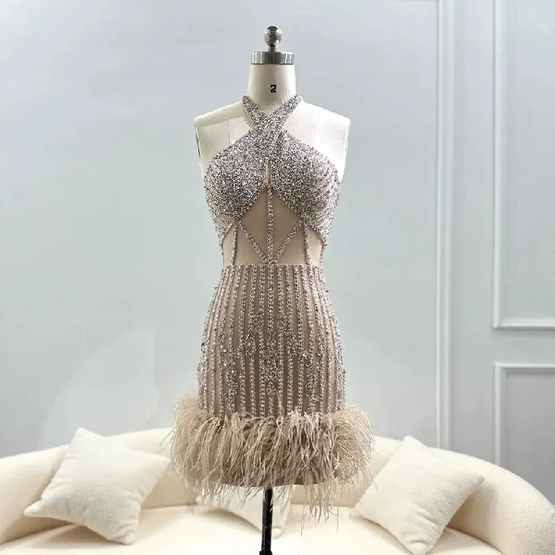 Elegant Small Dress Elegant Small Dress Luxury Feather Trim  Halter Neck Mini Dress