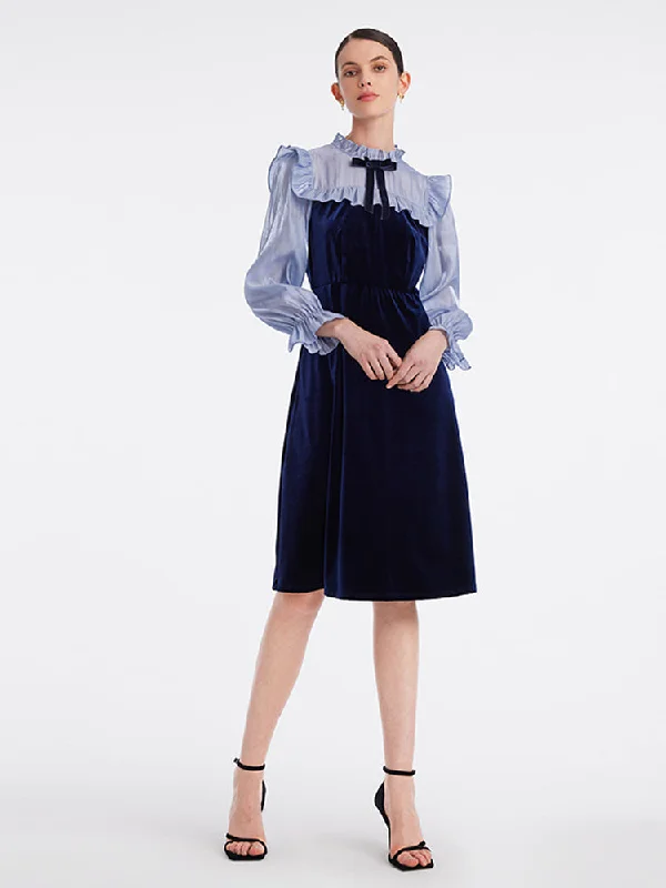 Personalized Street Style Personalized Street Style Ruffle Collar Velvet Patchwork Midi Collared Dress