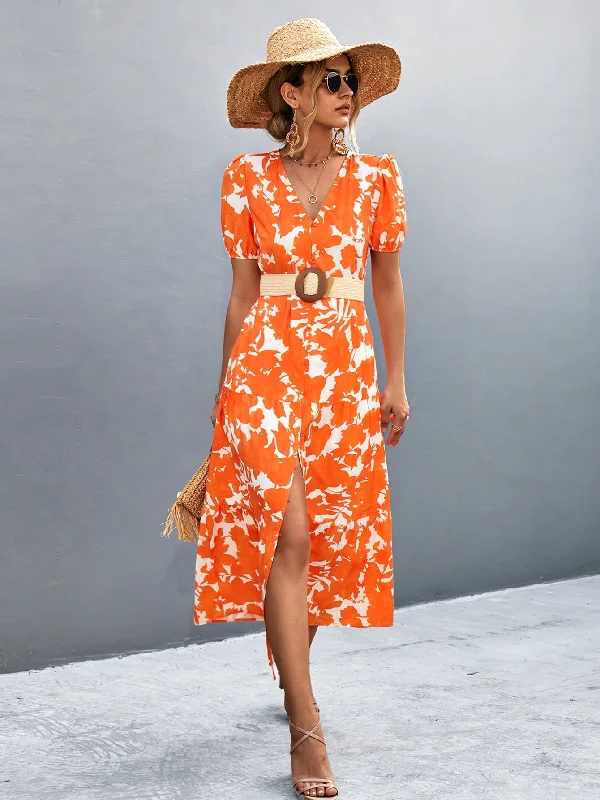 Rock Short Design Rock Short Design V-Neck Short Sleeve High Slit Midi Dress