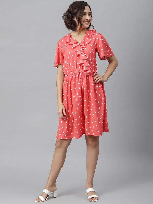 Personalized Layout Personalized Layout Women's Coral Polka Dress with Ruffle - StyleStone Personalized Layout Personalized Layout Women's Coral Polka Dress with Ruffle - StyleStone