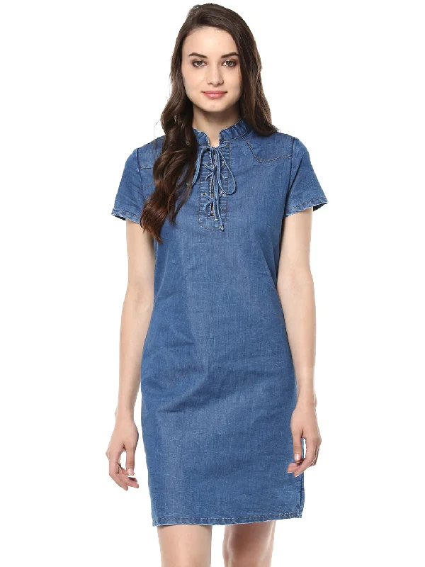 Casual Basic Style Casual Basic Style Women's Denim Lace Up Dress - StyleStone