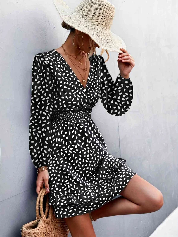 Elegant Wool Coat Elegant Wool Coat Printed Ruffle Trim Smocked Mini Dress