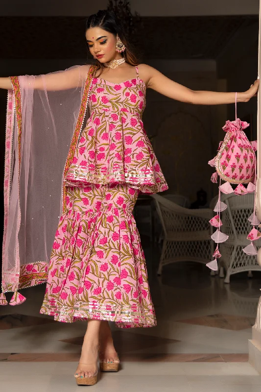 Elegant And Unique Design Elegant And Unique Design Women's pink cotton hand block sharara set - Pomcha Jaipur Elegant And Unique Design Elegant And Unique Design Women's pink cotton hand block sharara set - Pomcha Jaipur
