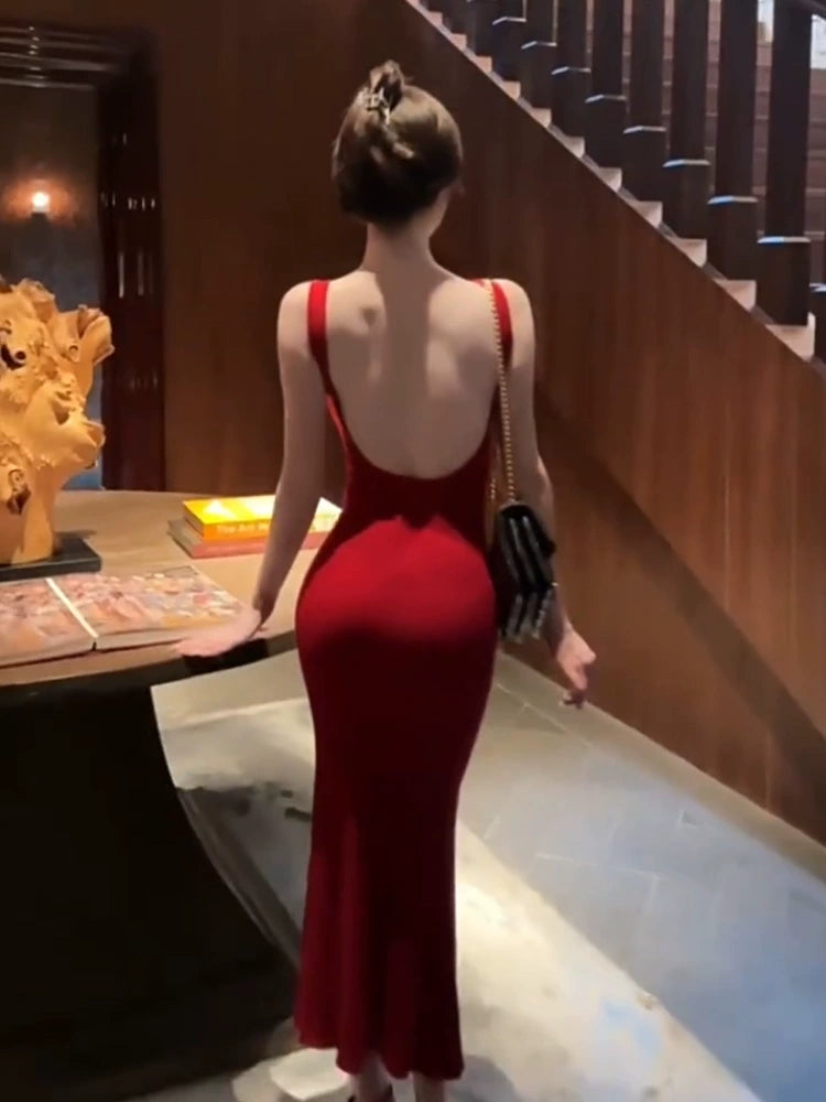 Casual Denim Style Casual Denim Style Sexy backless mermaid red suspender dress S5816 Casual Denim Style Casual Denim Style Sexy backless mermaid red suspender dress S5816