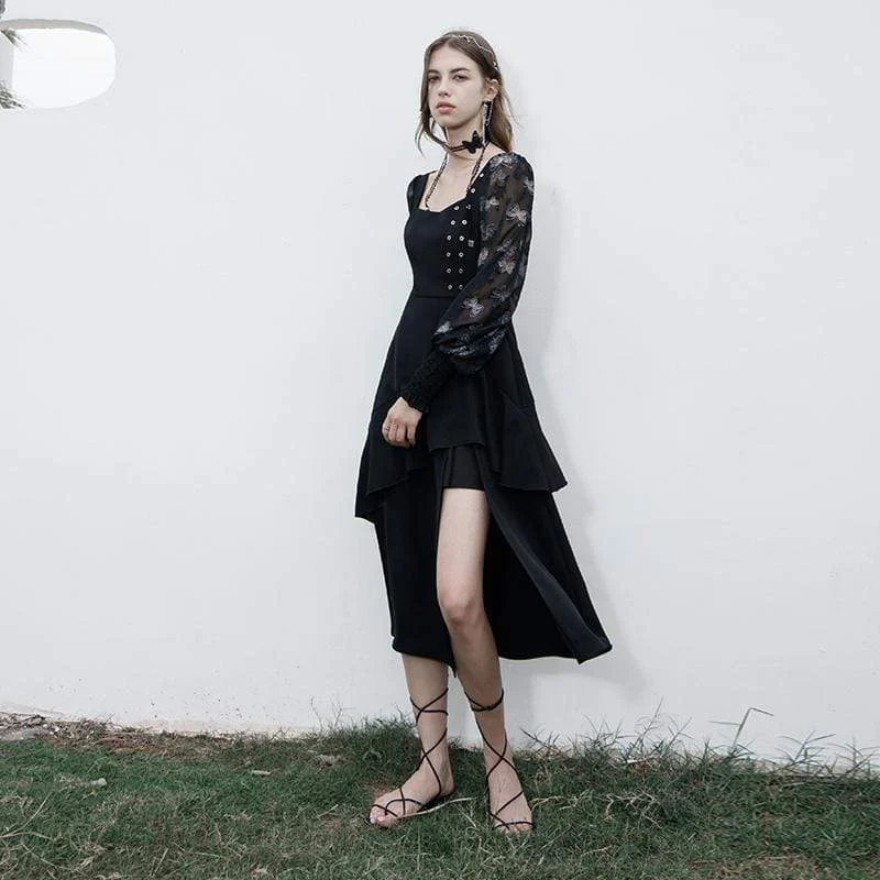 Bold Luxe Style Bold Luxe Style Women's Grunge Square-cut Collar Irregular Black Long Sleeved Dresses Bold Luxe Style Bold Luxe Style Women's Grunge Square-cut Collar Irregular Black Long Sleeved Dresses