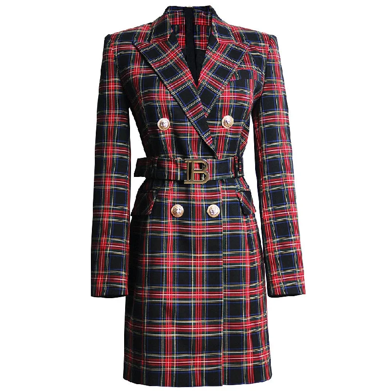 Elegant Temperament Elegant Temperament Plaid Double-Breasted Blazer Dress with Belt
