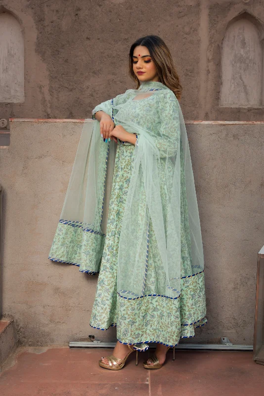 Elegant Long Skirt Elegant Long Skirt Women's AQUA GREEN HAND BLOCK PRINT ANARKALI SET - Pomcha Jaipur