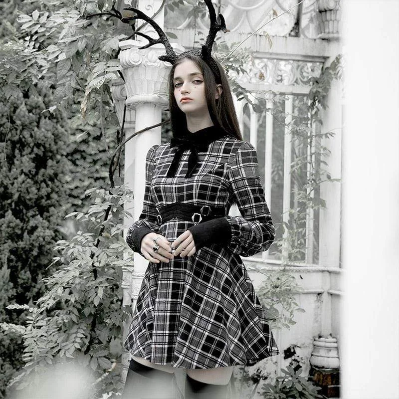 Simple Fashion Style Simple Fashion Style Women's Grunge Plaid Slim-fitted Dresses With Velvet Collar