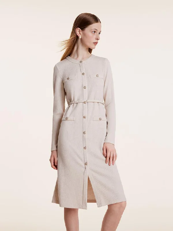 Personalized Independent Style Personalized Independent Style Beige Knitted Gathered Waist Dress Personalized Independent Style Personalized Independent Style Beige Knitted Gathered Waist Dress