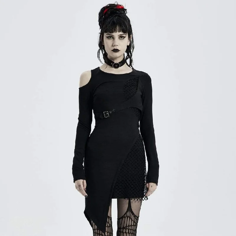 Casual Print Design Casual Print Design Women's Punk Cutout Shoulder Irregular Long Sleeved Shirt Dresses with Choker Casual Print Design Casual Print Design Women's Punk Cutout Shoulder Irregular Long Sleeved Shirt Dresses with Choker