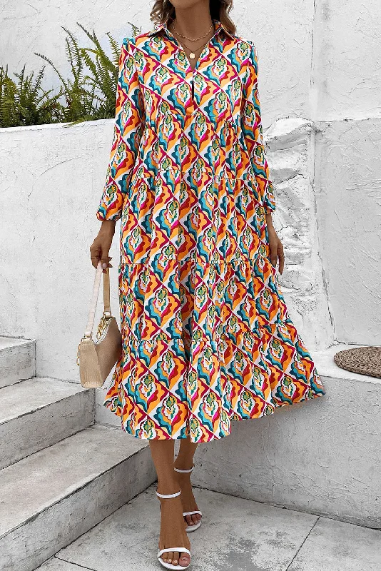 Casual Denim Style Casual Denim Style Printed Collared Neck Long Sleeve Dress
