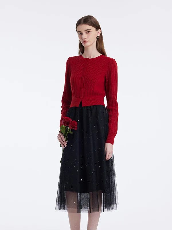 Elegant High Waist Style Elegant High Waist Style Pure Wool Patchwork Sequins Tulle Women Midi Dress Elegant High Waist Style Elegant High Waist Style Pure Wool Patchwork Sequins Tulle Women Midi Dress