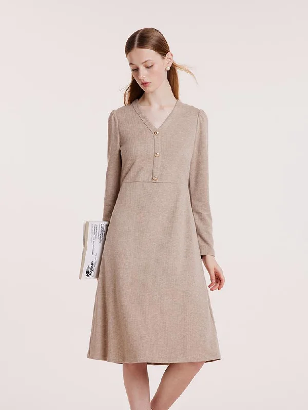Elegant And Unique Charm Elegant And Unique Charm Beige Knit V-Neck Midi Work Dress