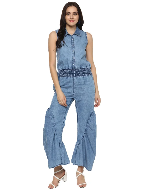 Simple Design Skirt Simple Design Skirt Women's Denim Ruffle Pants Jumpsuit - StyleStone Simple Design Skirt Simple Design Skirt Women's Denim Ruffle Pants Jumpsuit - StyleStone