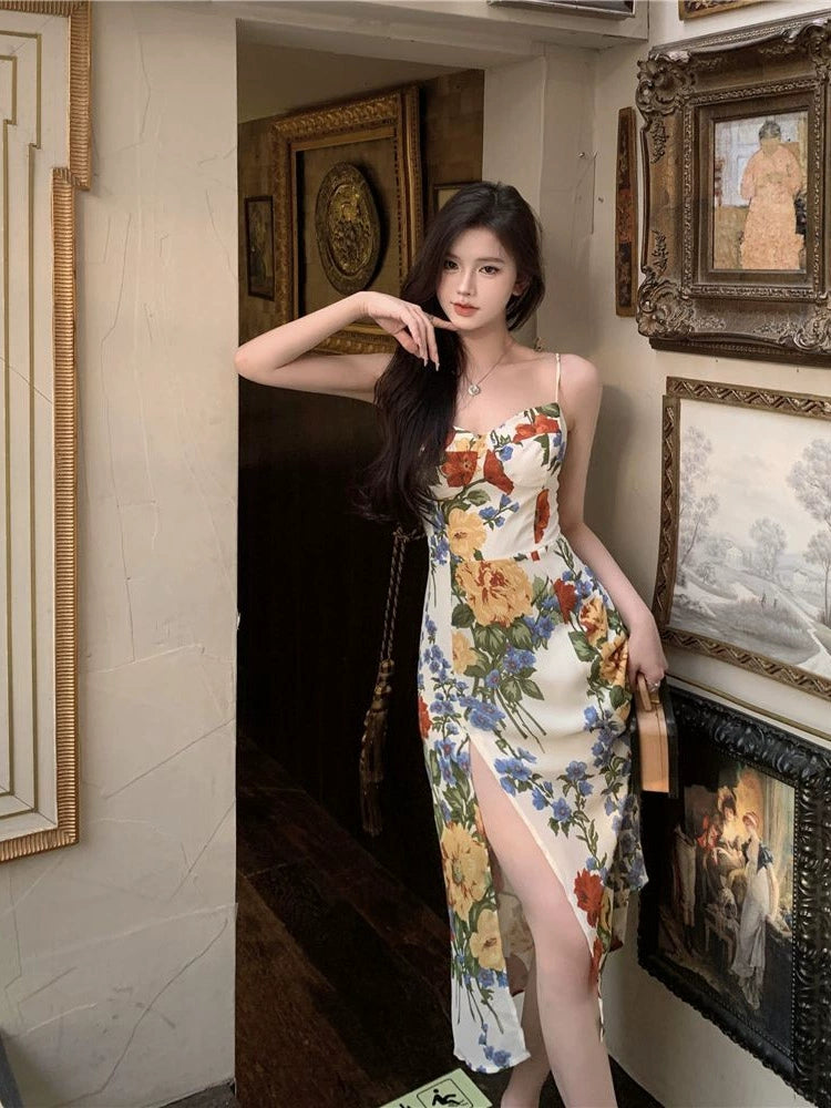 Bold Luxe Style Bold Luxe Style Seaside vacation floral suspender dress summer new slit long party dress S5808 Bold Luxe Style Bold Luxe Style Seaside vacation floral suspender dress summer new slit long party dress S5808